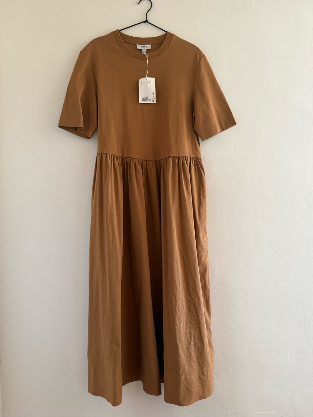 COS NWT Contrast Panel Midi Dress M Terracotta Cotton Poplin Jersey Pockets